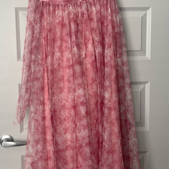 BRAND NEW: Red A Line One Shoulder Floor Length Print Tulle Dress - Picture 5 of 10